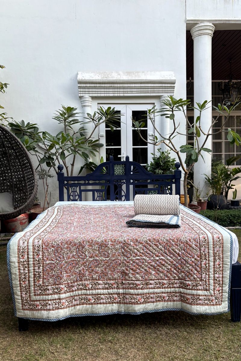 Luxury cotton paisley bedspread with traditional floral border and soft reversible chevron quilt 