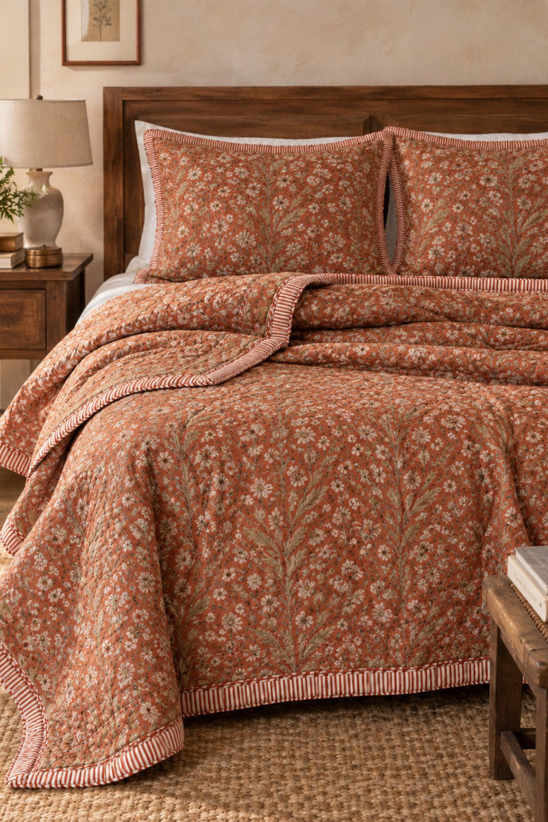 Rustic Rust Gardenia Print Luxury Quilt