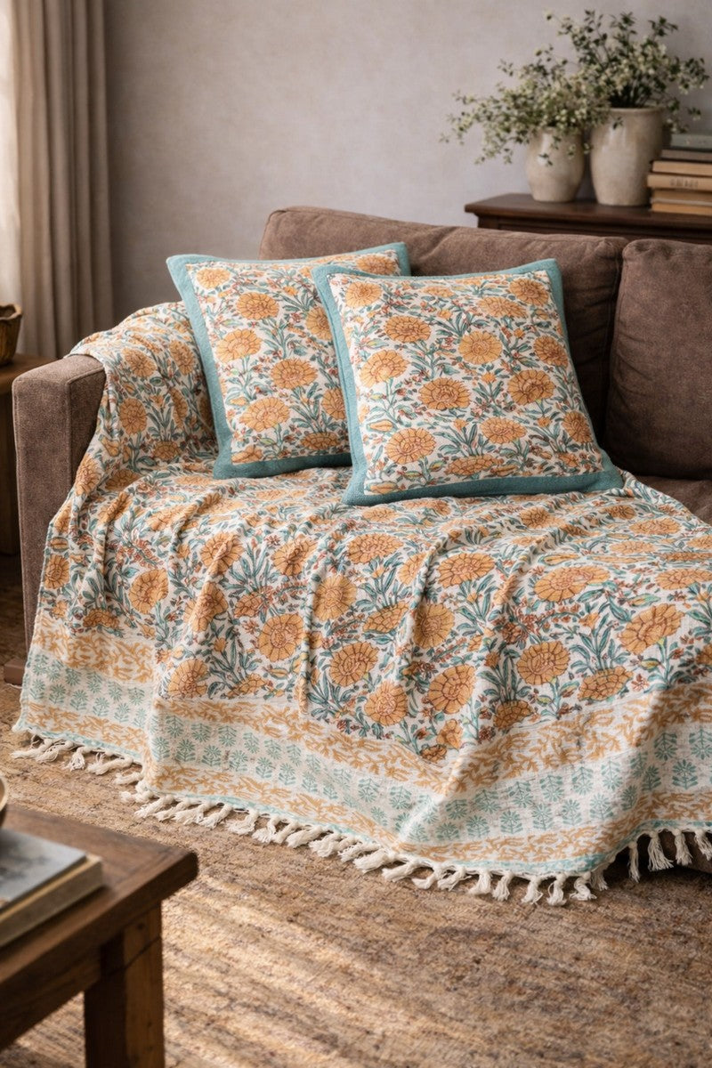 Sunlit Block Print Throw Set