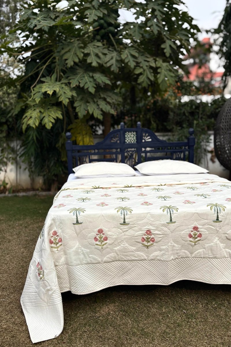 Ivory palm motif hand quilted cotton bedspread with matching pillows, luxury handcrafted quilt set