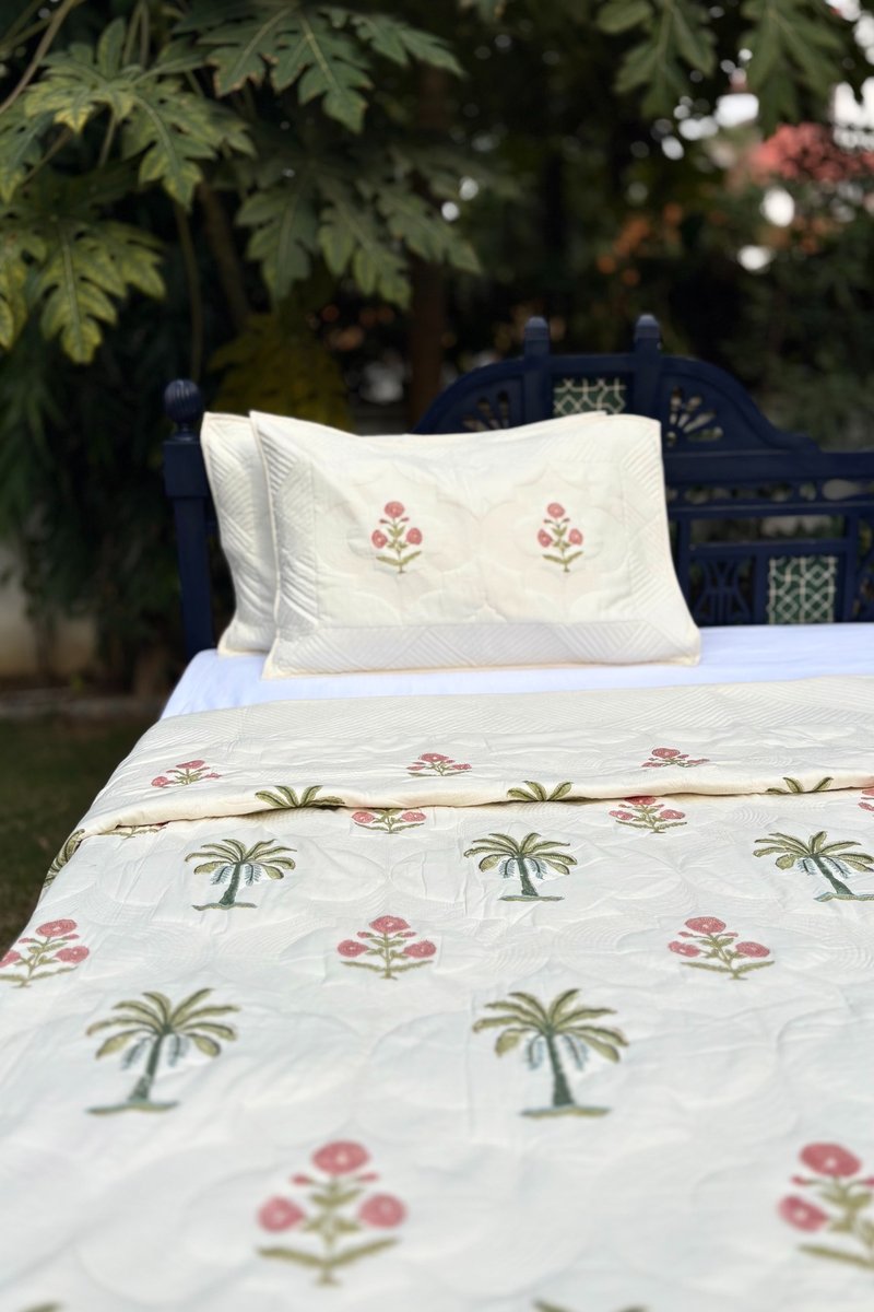 Luxury ivory hand quilted bedcover with palm print, soft cotton summer Bedcover