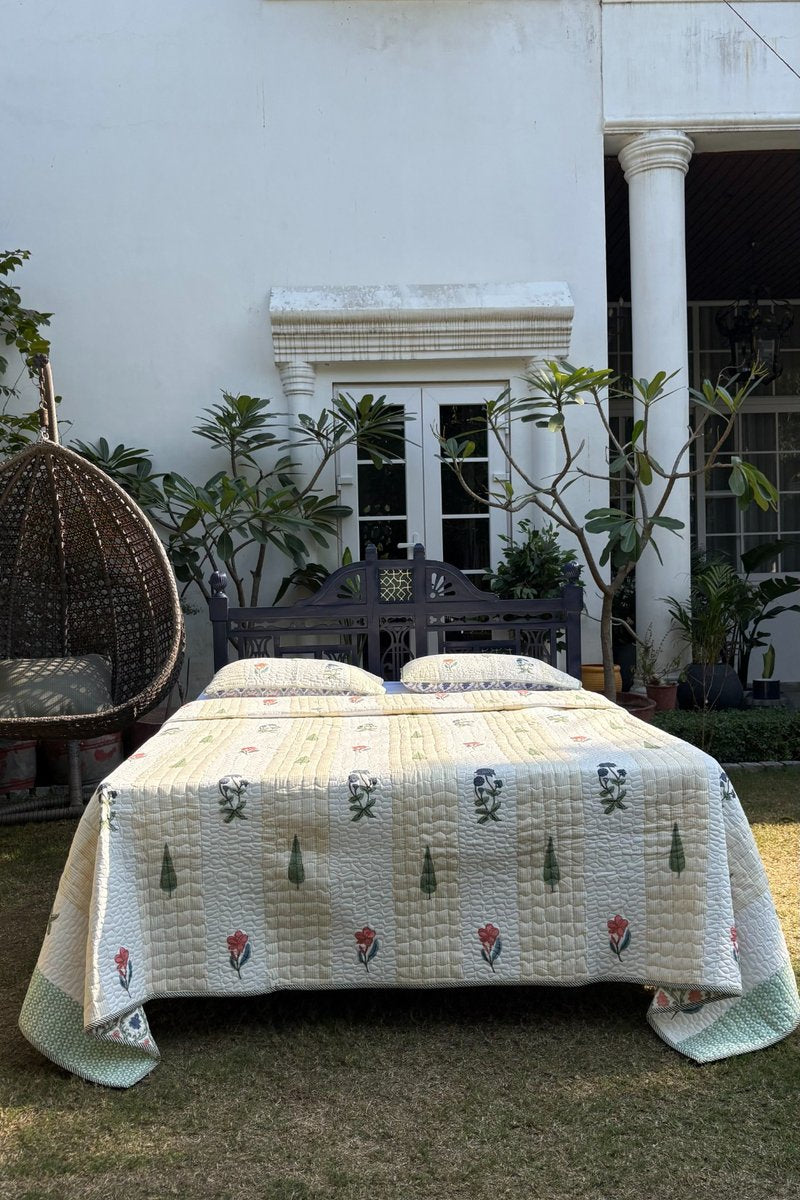 Soft quilted cotton quilt with floral block print and matching pillow cover, lightweight reversible bedspread